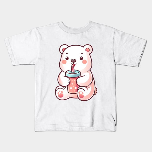 Cute Polar Bear with Softdrink Kids T-Shirt by Arief Uchiha